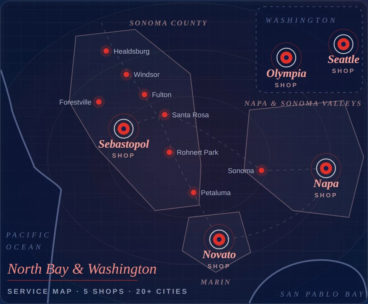 Map of the Union Garage Door Repair service area across Sonoma County, Napa, Marin and Washington